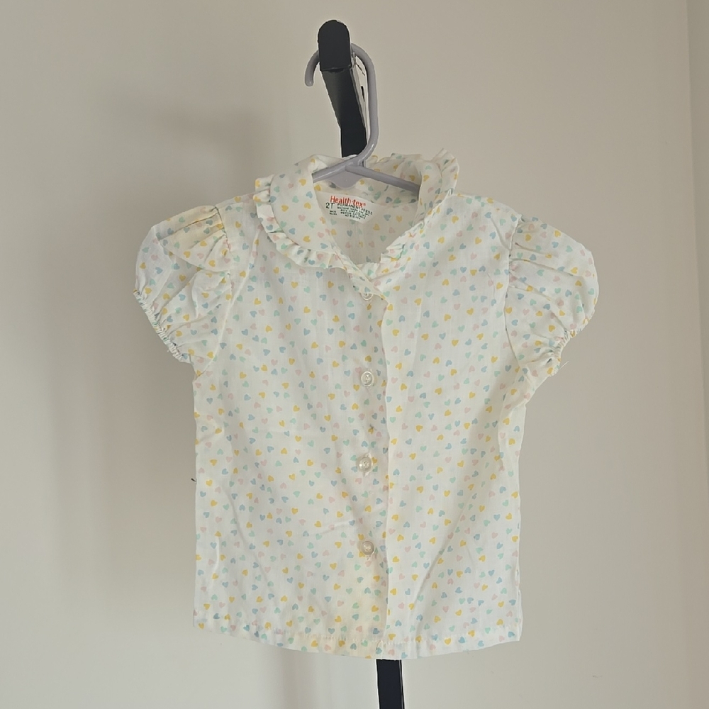 Vintage Healthtex White Short-Sleeve Heart Print Ruffled Collar Top Size:2T